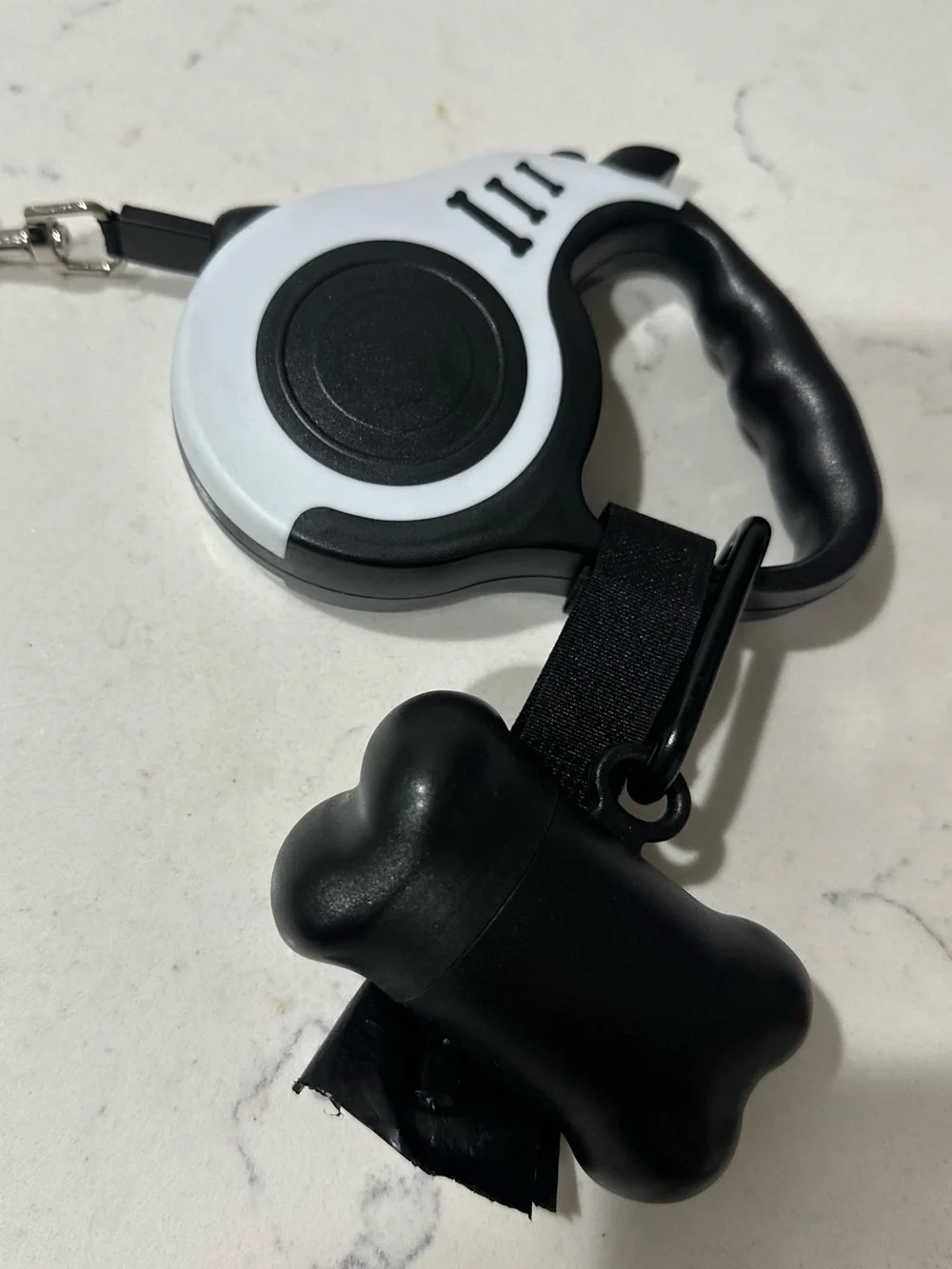 Retractable Dog Leash with Bone Waste Bag Dispenser - Black & White
